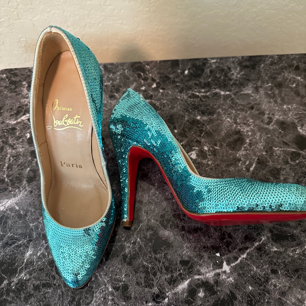 Authentic Christian Louboutin Teal Sequin Pumps 35.5 Worn Once!